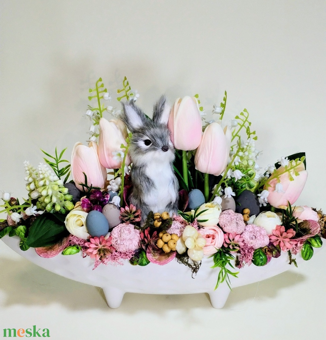 Prémium szürke nyuszis asztaldísz  - ünnepi díszek, dekorációk - húsvéti díszek és dekorációk - húsvéti virágos díszek - Meska.hu