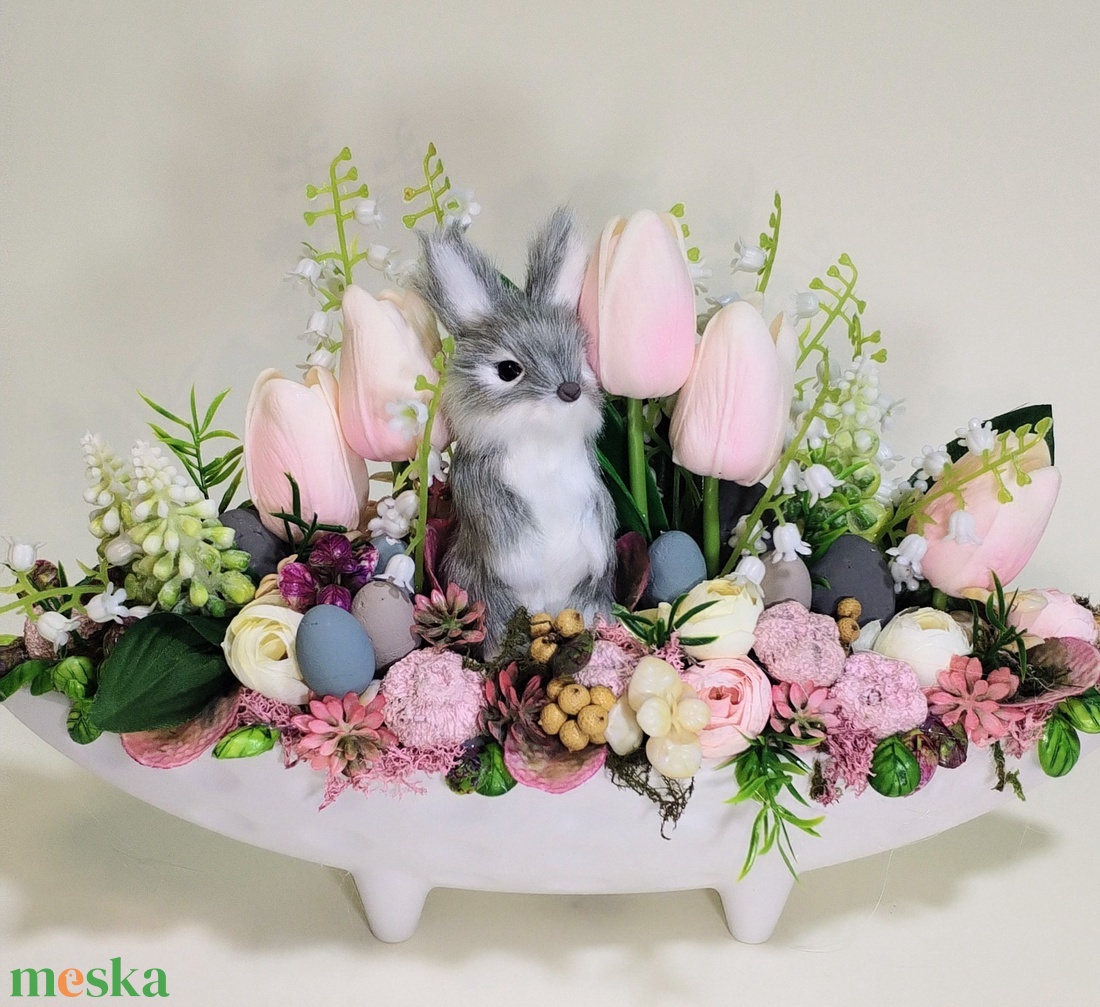Prémium szürke nyuszis asztaldísz  - ünnepi díszek, dekorációk - húsvéti díszek és dekorációk - húsvéti virágos díszek - Meska.hu