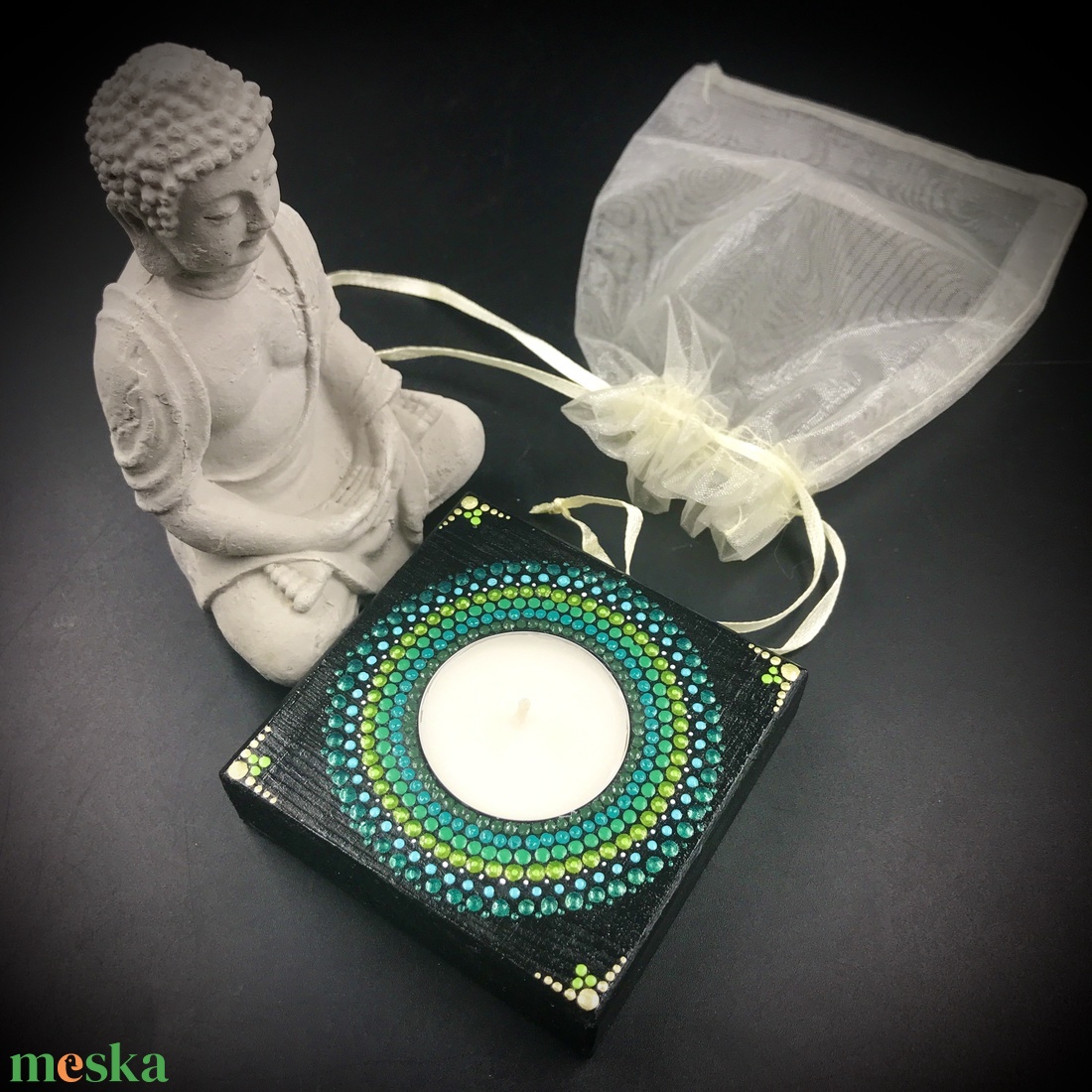 Spirituális mandala mécsestartó türkiz és zöld színben, érzékiség és intuíció - otthon & életmód - dekoráció - spiritualitás - mandala - Meska.hu