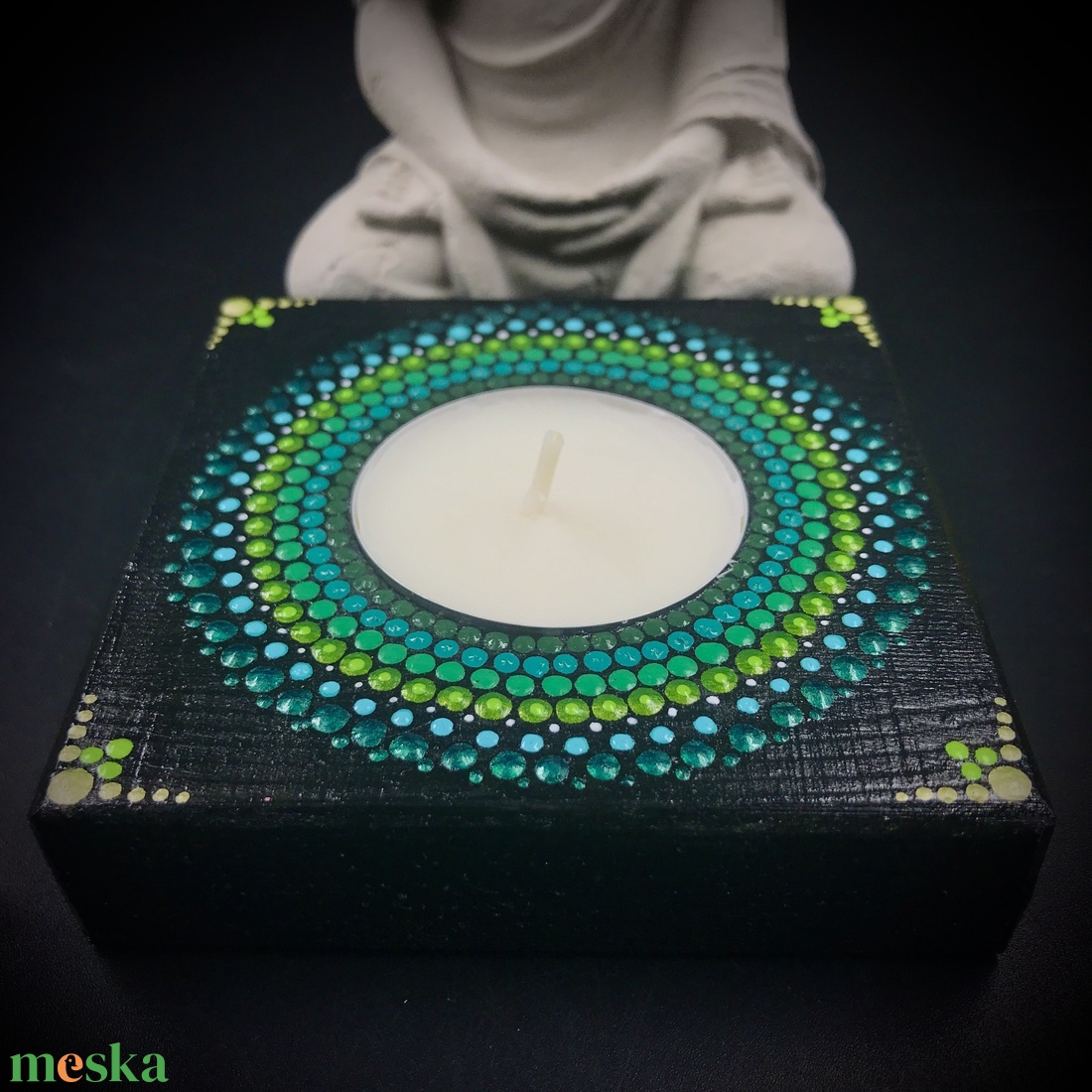 Spirituális mandala mécsestartó türkiz és zöld színben, érzékiség és intuíció - otthon & életmód - dekoráció - spiritualitás - mandala - Meska.hu