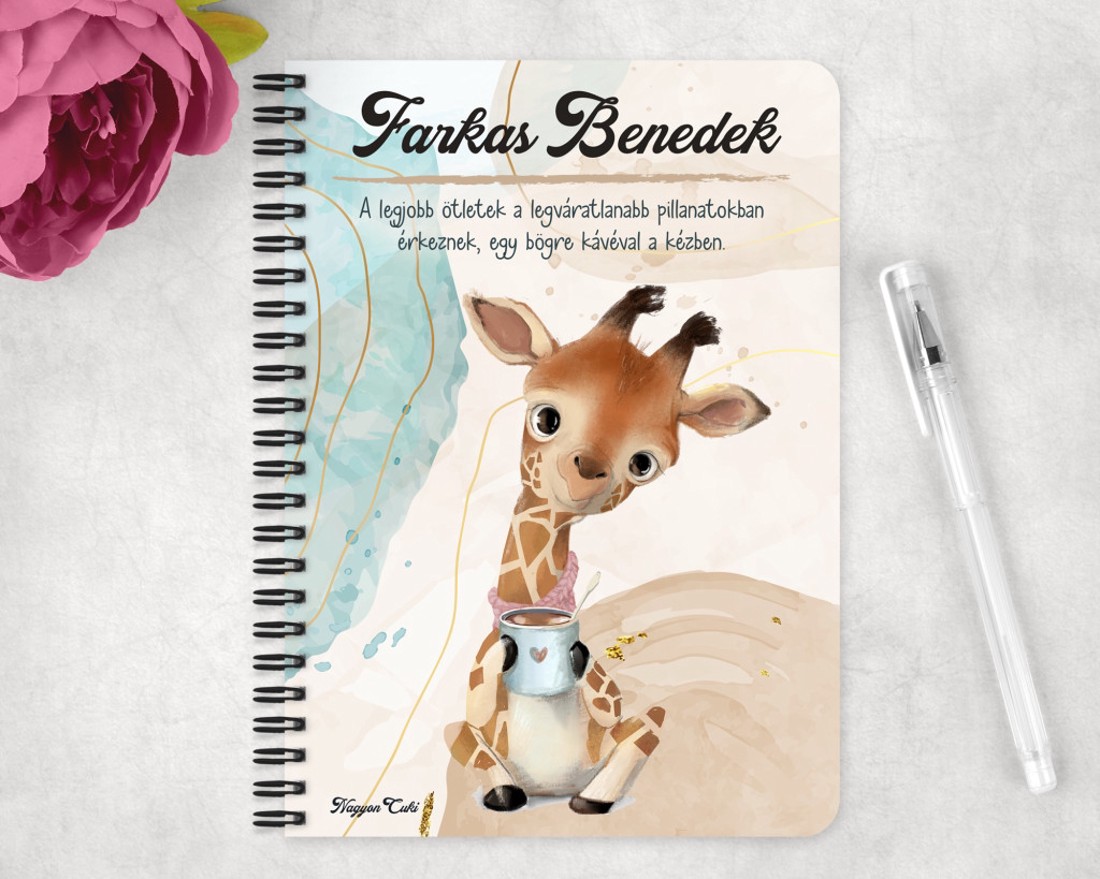 Személyre szabható - Cuki Kávézós zsiráf mintás A6-os füzet - otthon & életmód - papír, írószer - jegyzetfüzet & napló - Meska.hu