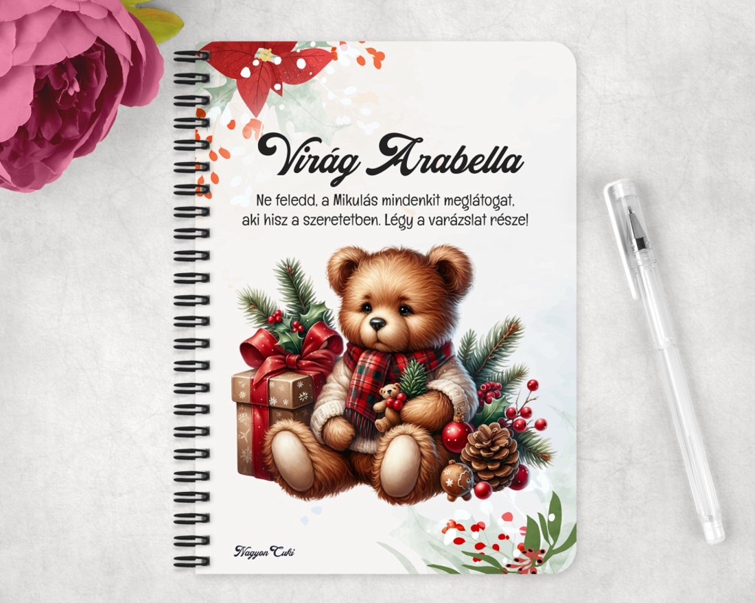 Személyre szabható - Karácsonyi Teddy maci (macival) mintás A6-os füzet - otthon & életmód - papír, írószer - jegyzetfüzet & napló - Meska.hu