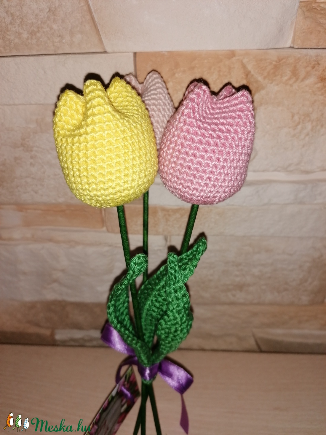 Tulipán. Horgolt tulipánok, 3db + kártya.  - otthon & életmód - dekoráció - Meska.hu
