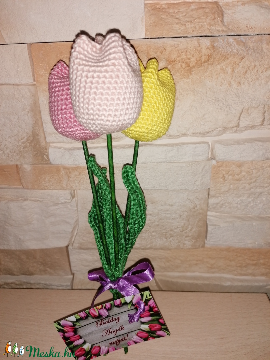 Tulipán. Horgolt tulipánok, 3db + kártya.  - otthon & életmód - dekoráció - Meska.hu
