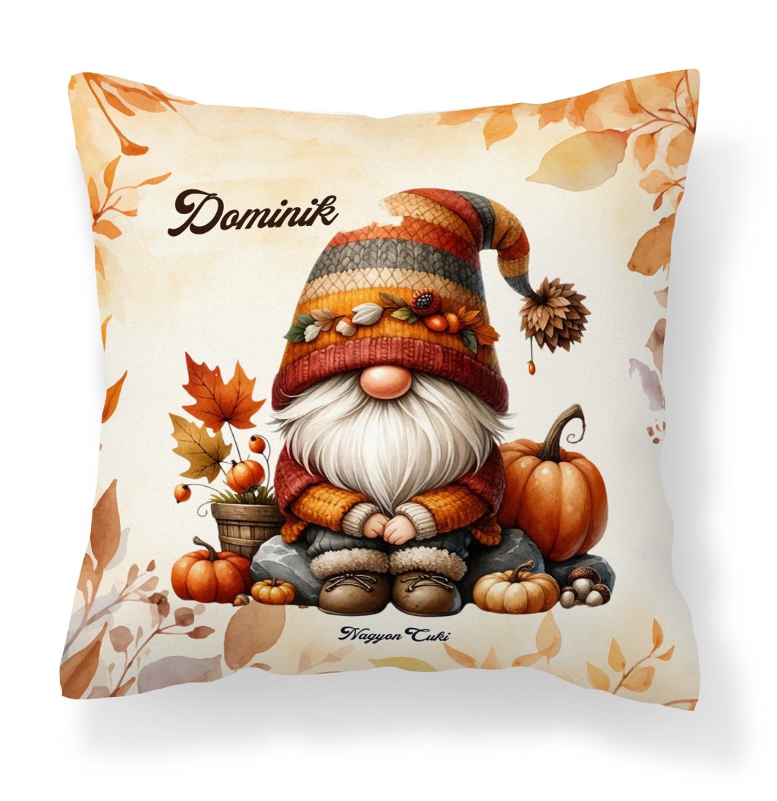 Névvel kérhető - Őszi manó és a tök mintás párna - otthon & életmód - lakástextil - párna & párnahuzat - díszpárna (belsővel együtt) - Meska.hu