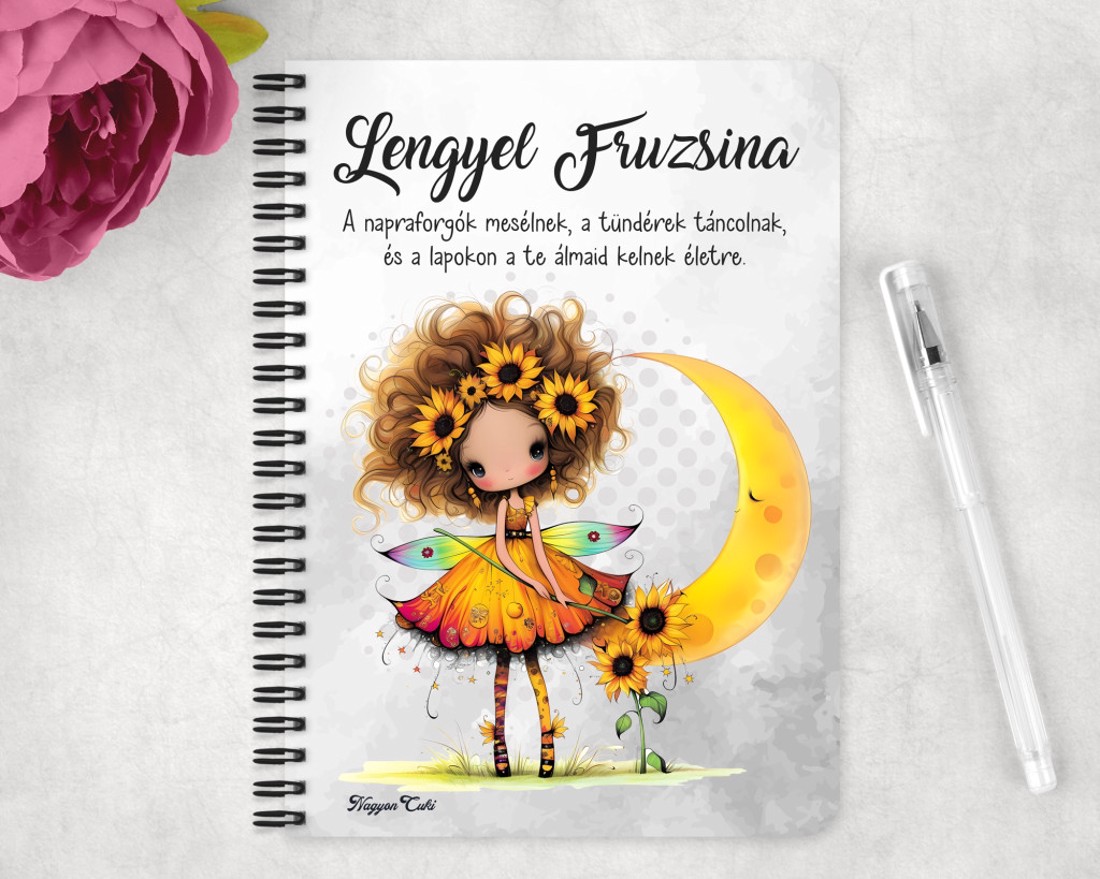 Személyre szabható - Bájos Napraforgós tündérlány mintás A6-os füzet - otthon & életmód - papír, írószer - jegyzetfüzet & napló - Meska.hu