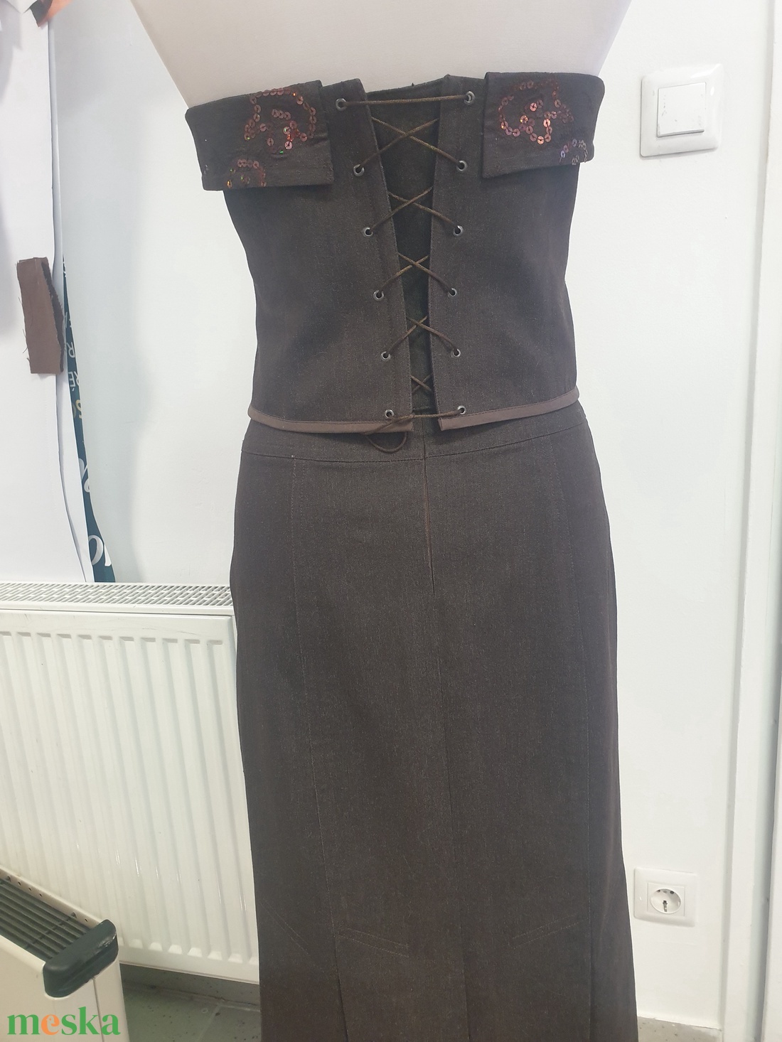 Barna sztreccs farmer kétrészes ruha - ruha & divat - női ruha - alkalmi ruha & estélyi ruha - Meska.hu