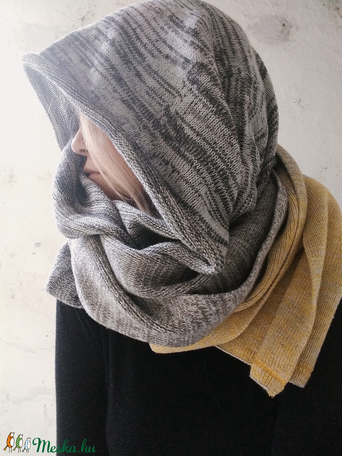 Szürke-sárga átmenetes kötött sál - ruha & divat - sál, sapka, kendő - sál - Meska.hu