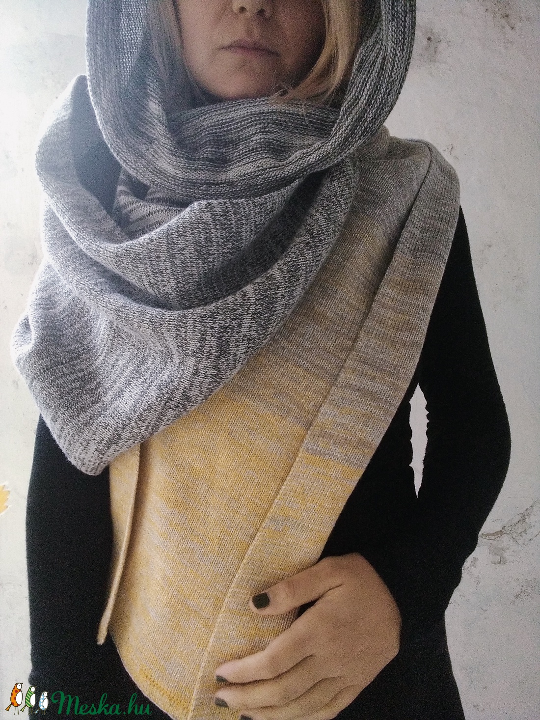 Szürke-sárga átmenetes kötött sál - ruha & divat - sál, sapka, kendő - sál - Meska.hu