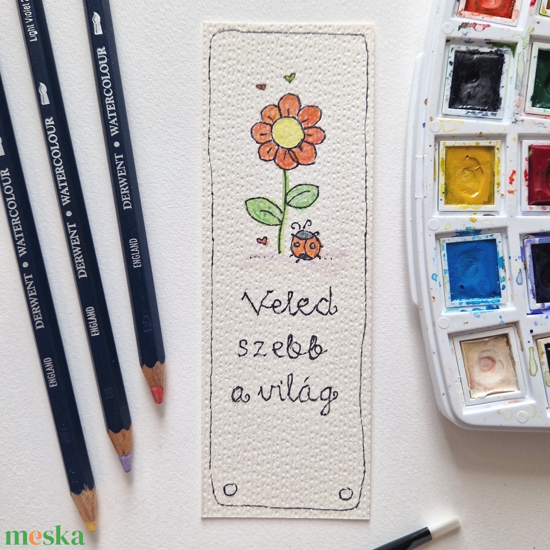 Akvarell könyvjelző - Veled szebb a világ felirattal, katicával, piros virággal - könyv & zene - könyvjelző - Meska.hu