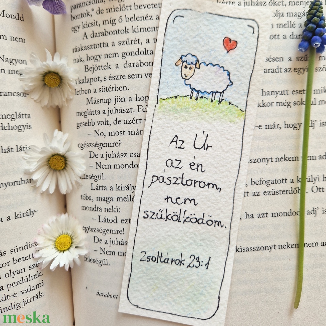 Akvarell könyvjelző - Az Úr az én pásztorom... bibliai felirattal, bárány motívummal - könyv & zene - könyvjelző - Meska.hu