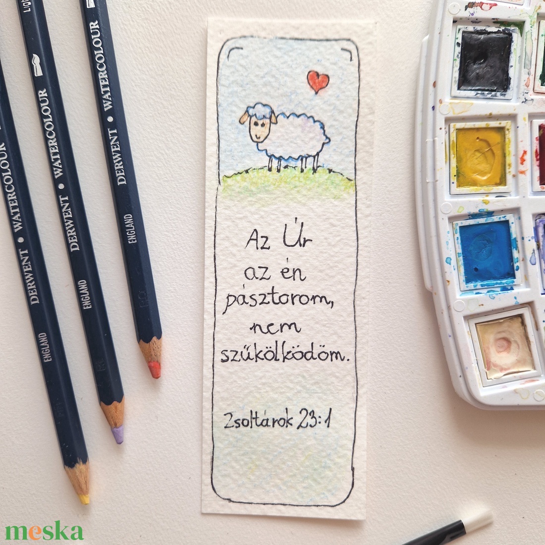 Akvarell könyvjelző - Az Úr az én pásztorom... bibliai felirattal, bárány motívummal - könyv & zene - könyvjelző - Meska.hu