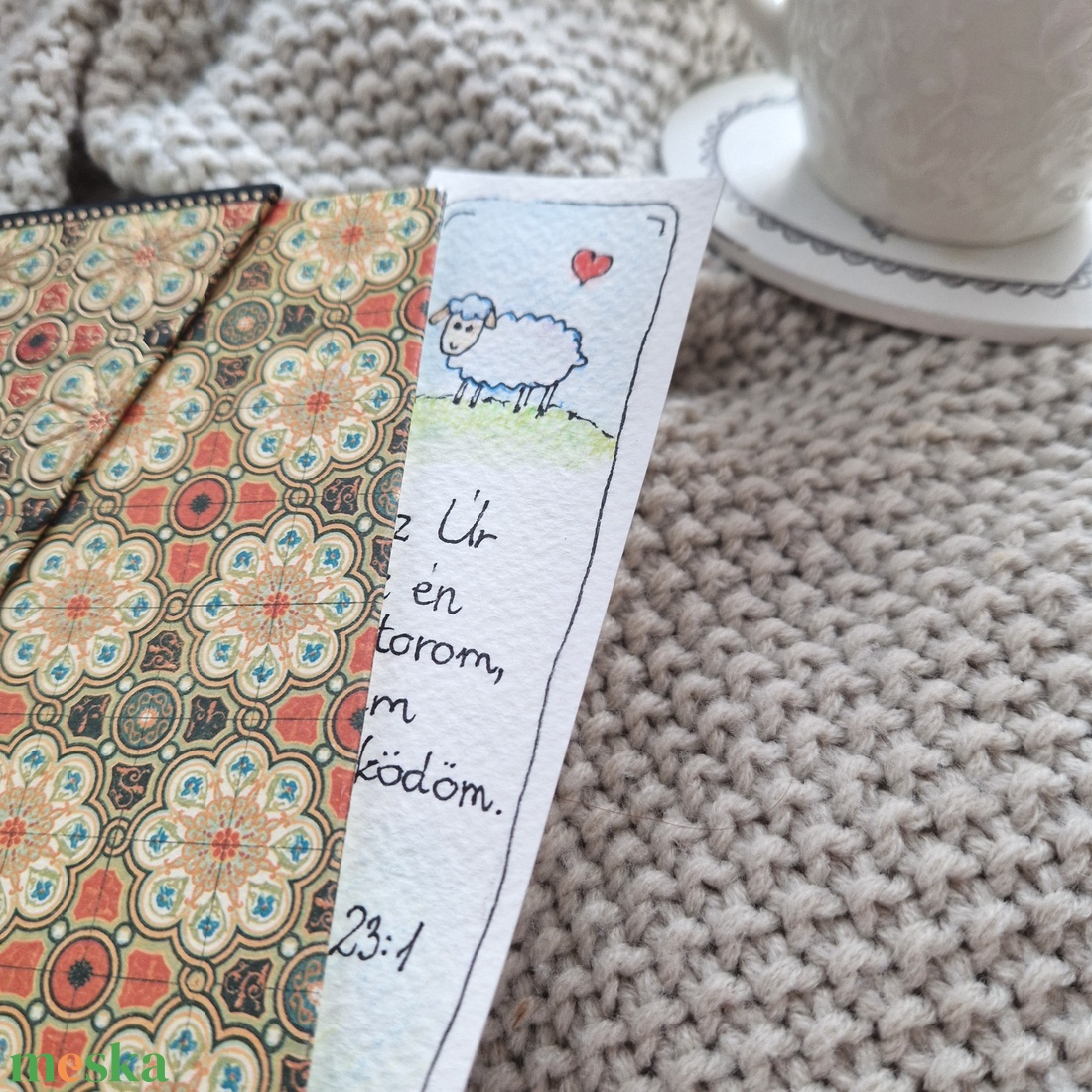 Akvarell könyvjelző - Az Úr az én pásztorom... bibliai felirattal, bárány motívummal - könyv & zene - könyvjelző - Meska.hu