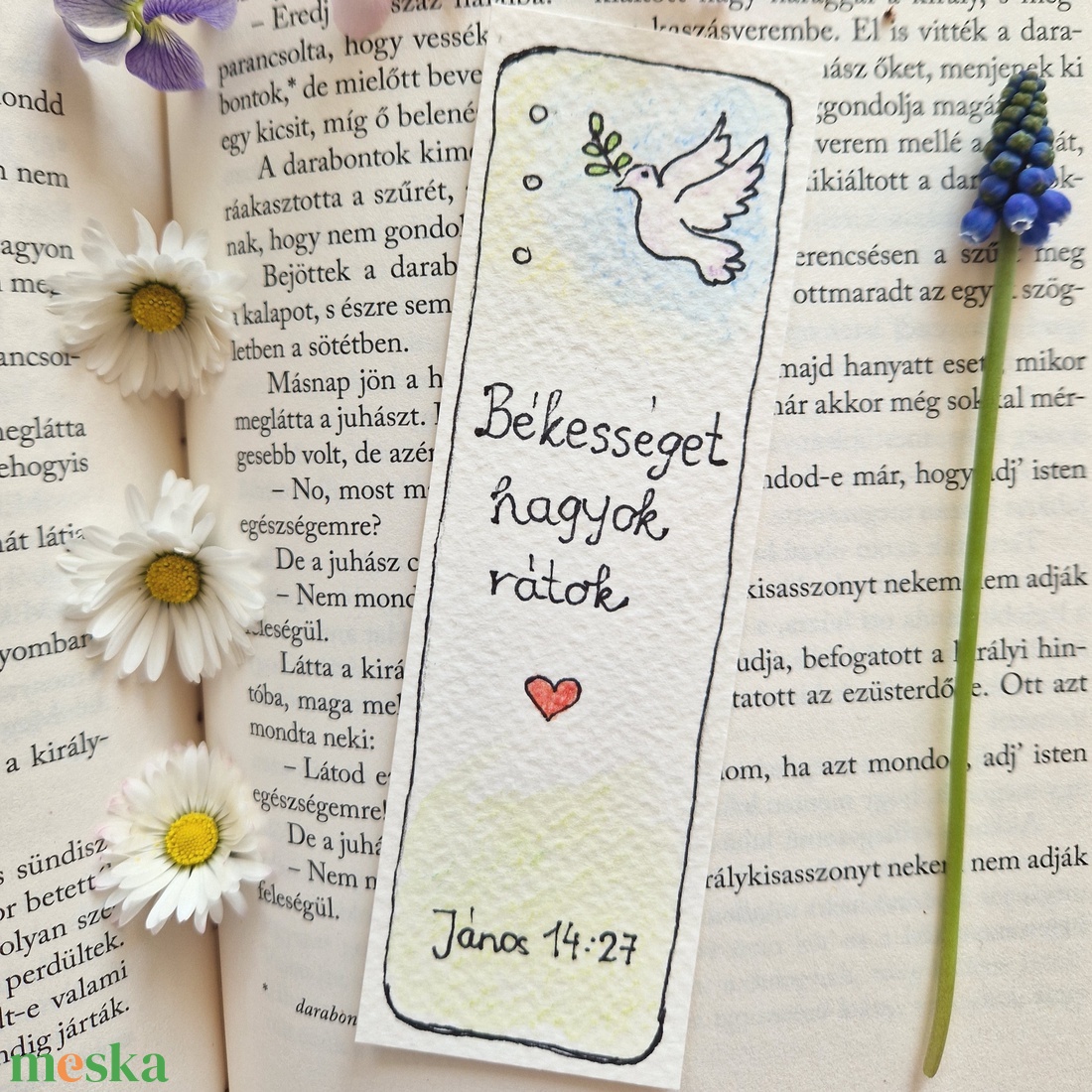 Akvarell könyvjelző - Békességet hagyok rátok bibliai felirattal, galamb motívummal - könyv & zene - könyvjelző - Meska.hu