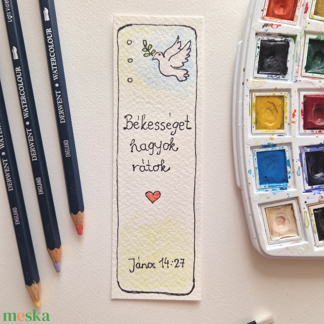 Akvarell könyvjelző - Békességet hagyok rátok bibliai felirattal, galamb motívummal - könyv & zene - könyvjelző - Meska.hu
