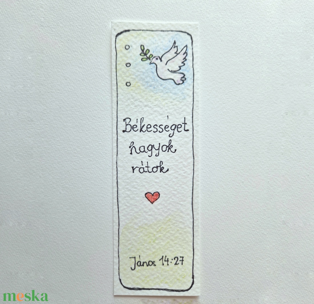 Akvarell könyvjelző - Békességet hagyok rátok bibliai felirattal, galamb motívummal - könyv & zene - könyvjelző - Meska.hu