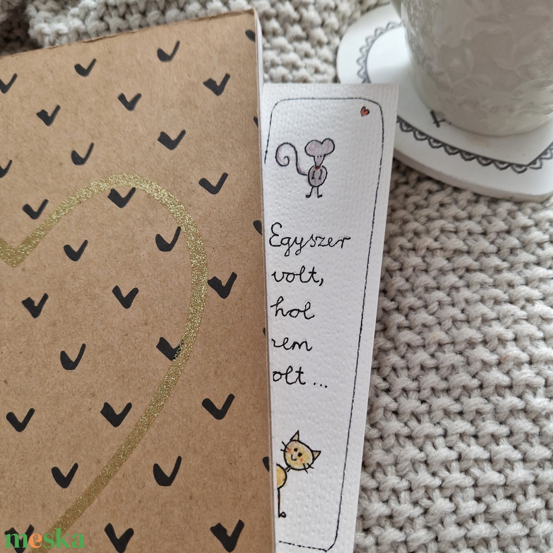 Akvarell könyvjelző - Egyszer volt, hol nem volt... felirattal, cica, egér motívummal - könyv & zene - könyvjelző - Meska.hu