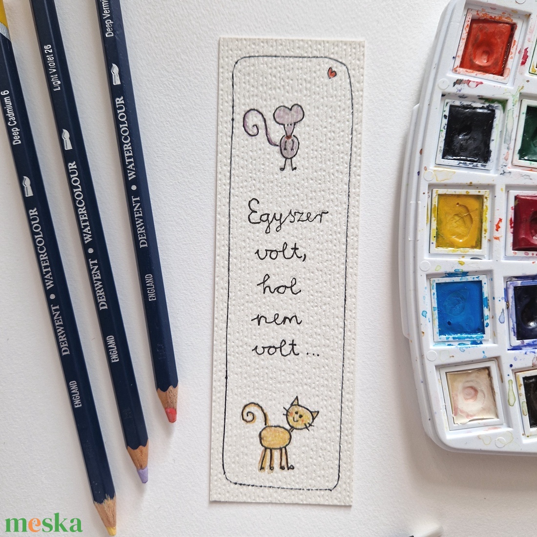 Akvarell könyvjelző - Egyszer volt, hol nem volt... felirattal, cica, egér motívummal - könyv & zene - könyvjelző - Meska.hu