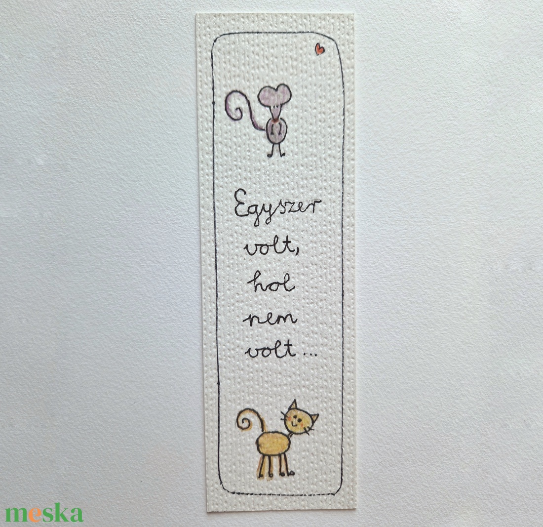 Akvarell könyvjelző - Egyszer volt, hol nem volt... felirattal, cica, egér motívummal - könyv & zene - könyvjelző - Meska.hu