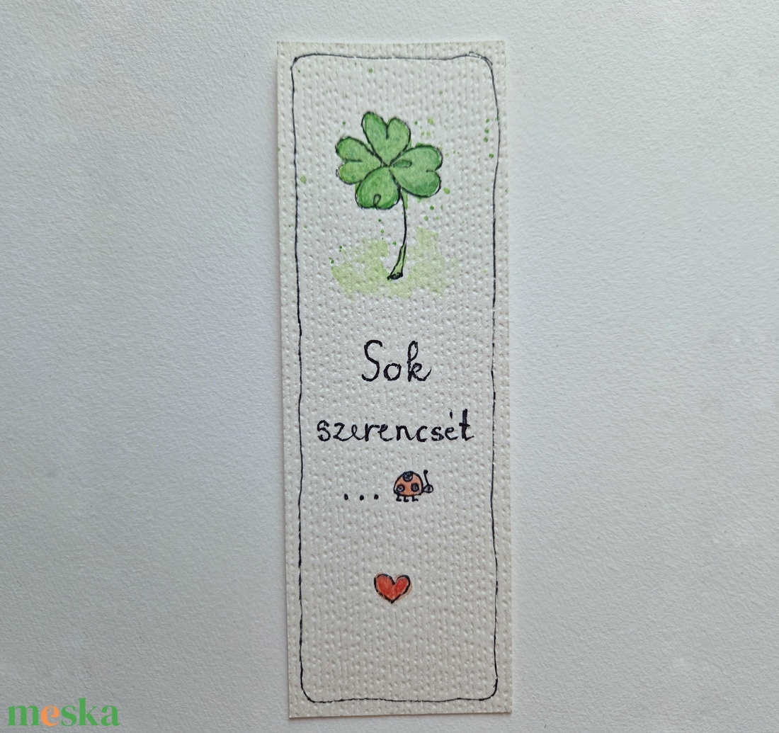 Akvarell könyvjelző - Sok szerencsét felirattal, katicával, lóhere motívummal - könyv & zene - könyvjelző - Meska.hu