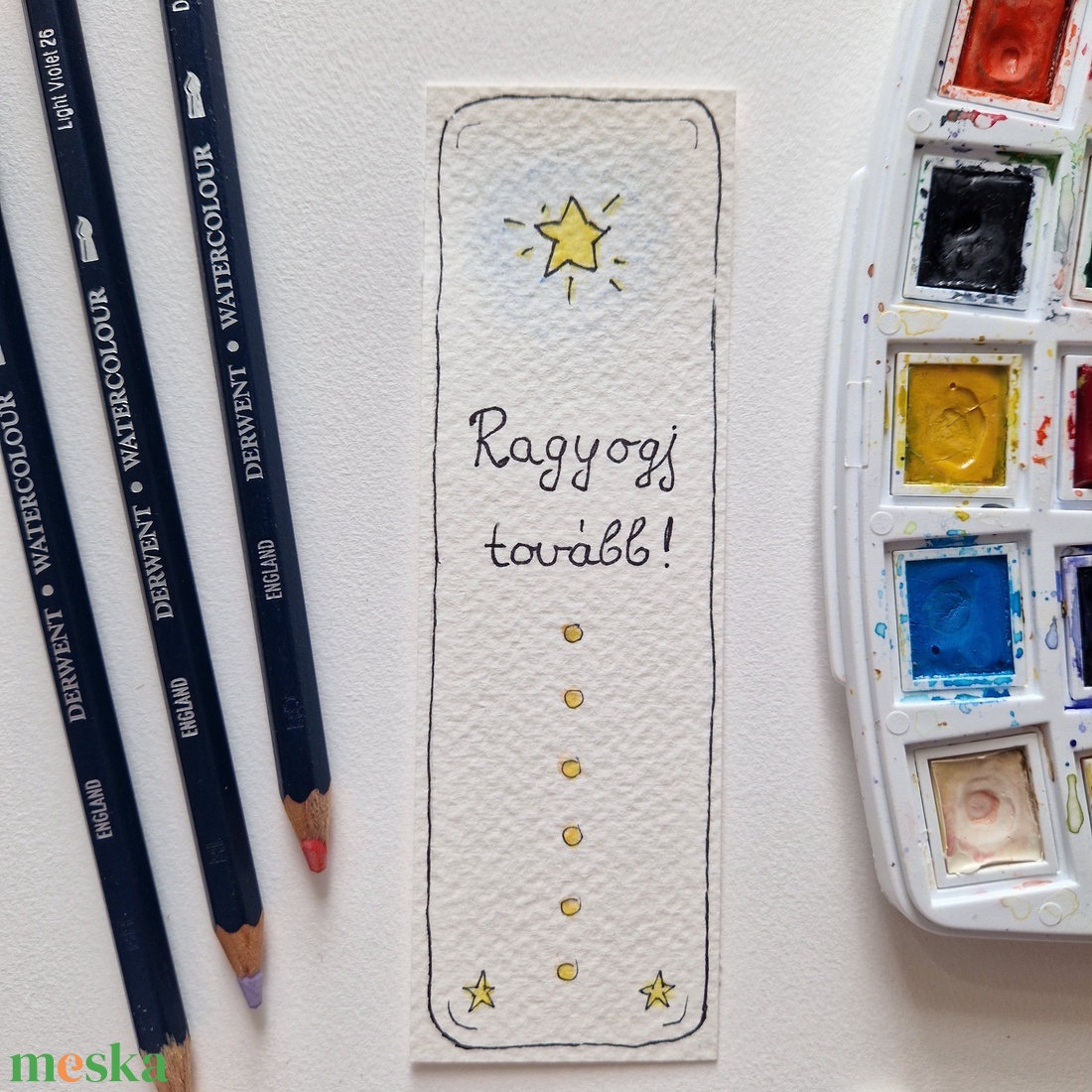 Akvarell könyvjelző - Ragyogj tovább felirattal, csillag motívumokkal - könyv & zene - könyvjelző - Meska.hu