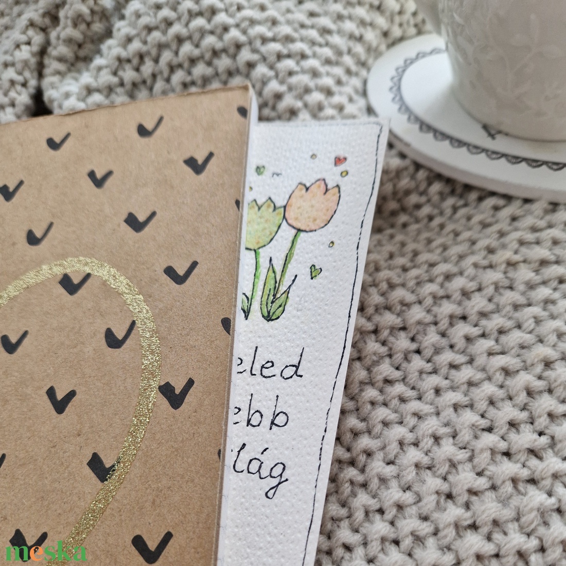 Akvarell könyvjelző - Veled szebb a világ felirattal, két tulipánnal - könyv & zene - könyvjelző - Meska.hu