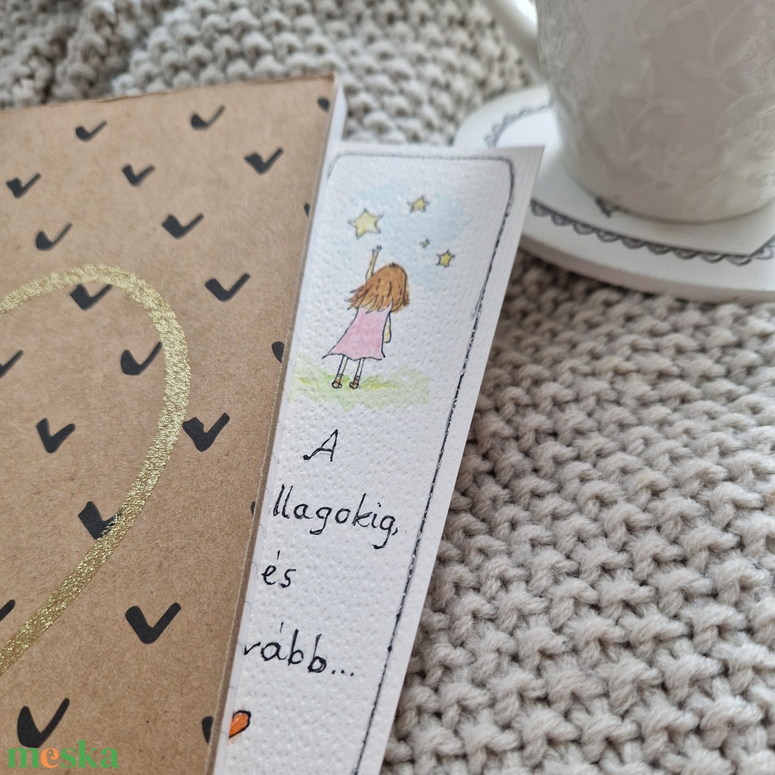 Akvarell könyvjelző - A csillagokig és tovább felirattal, lány, csillag motívummal - könyv & zene - könyvjelző - Meska.hu