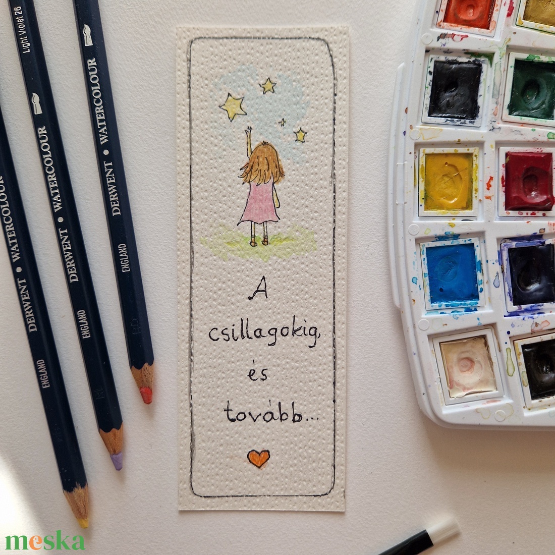 Akvarell könyvjelző - A csillagokig és tovább felirattal, lány, csillag motívummal - könyv & zene - könyvjelző - Meska.hu