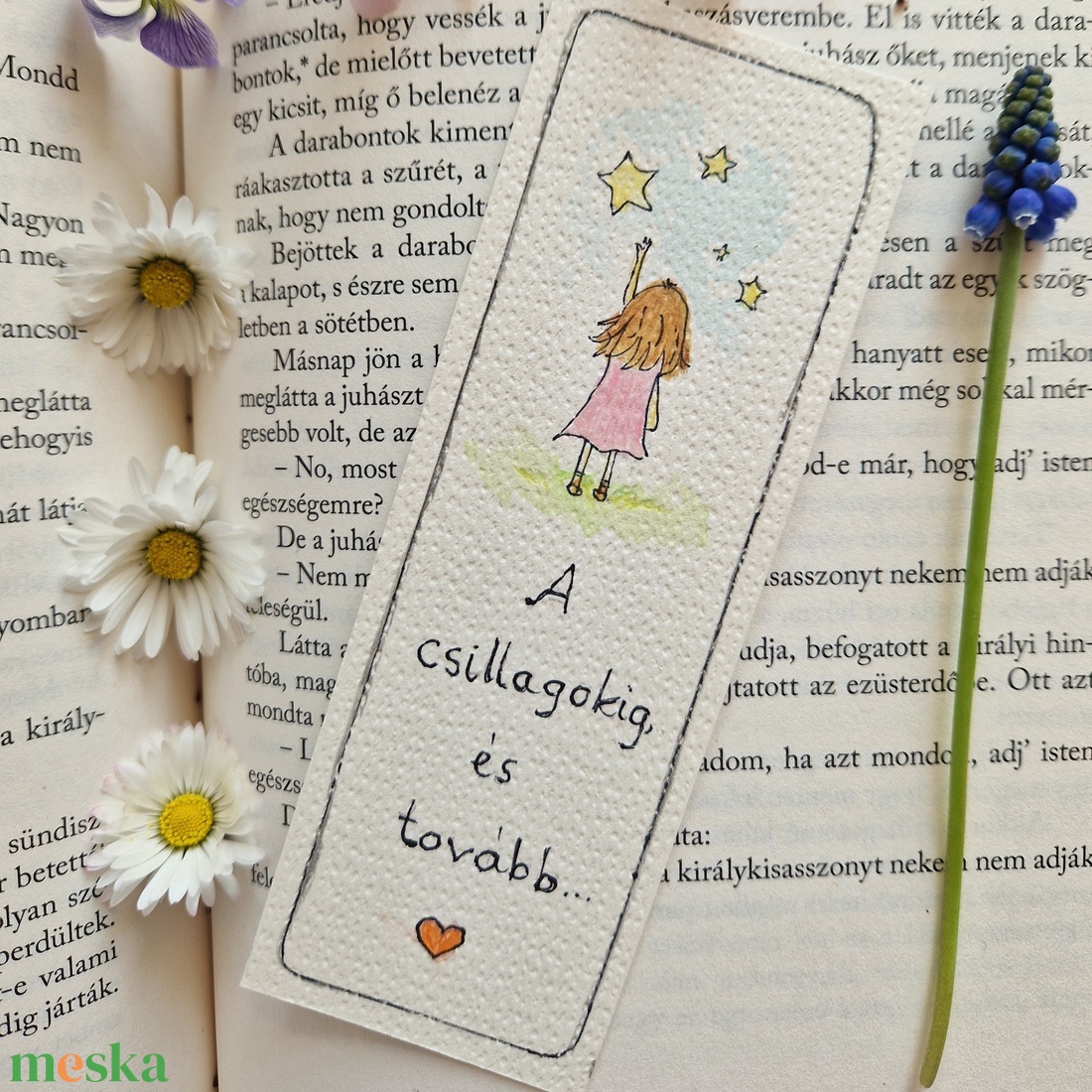 Akvarell könyvjelző - A csillagokig és tovább felirattal, lány, csillag motívummal - könyv & zene - könyvjelző - Meska.hu