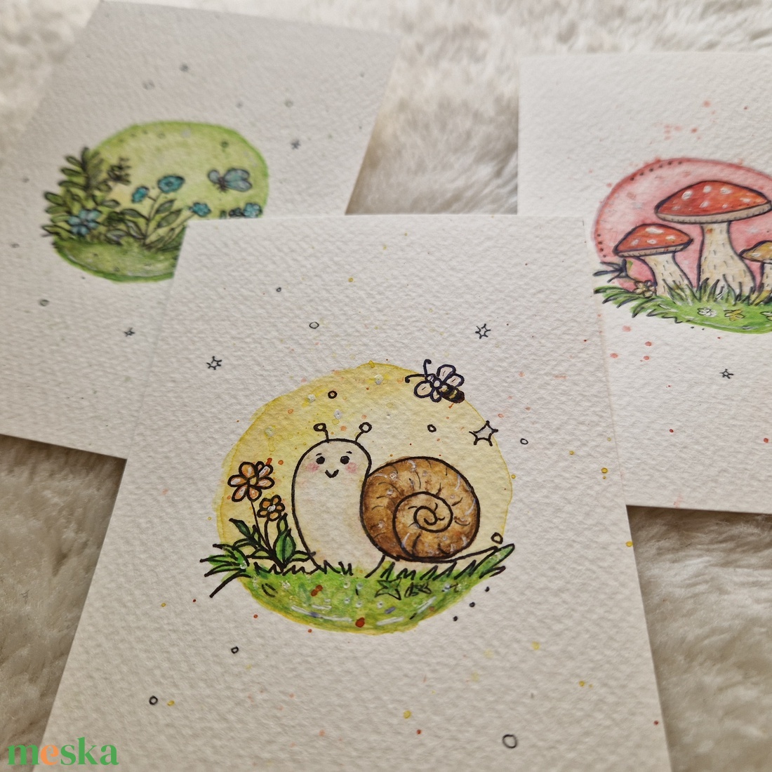 Mesés erdei akvarell kép szett � csiga, virág és gomba - otthon & életmód - dekoráció - kép & falikép - több részes kép - Meska.hu