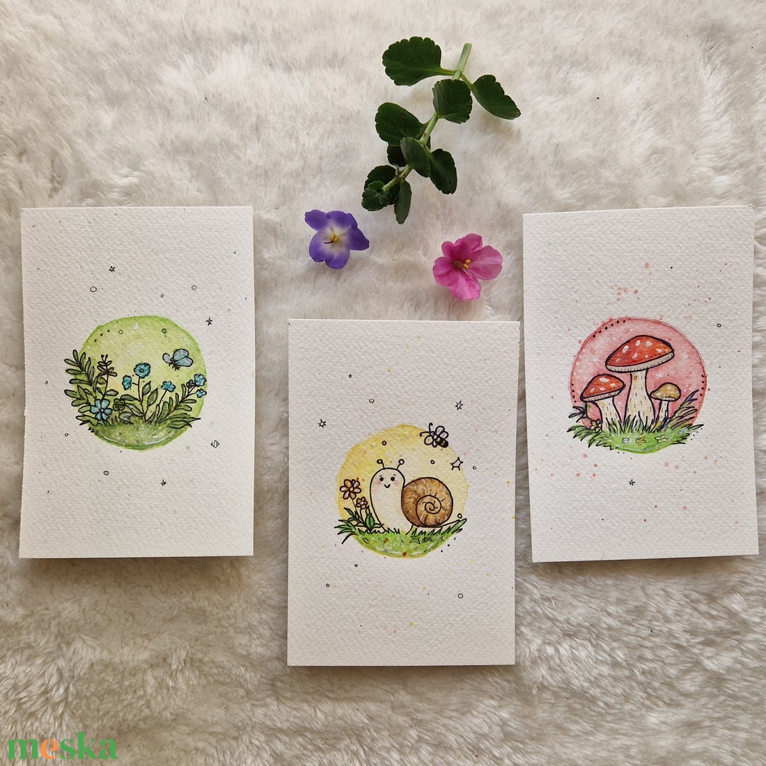 Mesés erdei akvarell kép szett � csiga, virág és gomba - otthon & életmód - dekoráció - kép & falikép - több részes kép - Meska.hu