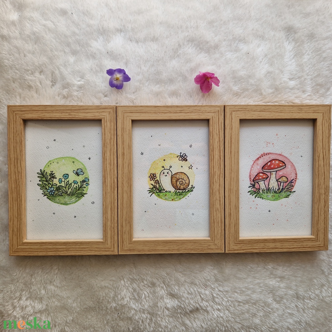 Mesés erdei akvarell kép szett � csiga, virág és gomba - otthon & életmód - dekoráció - kép & falikép - több részes kép - Meska.hu