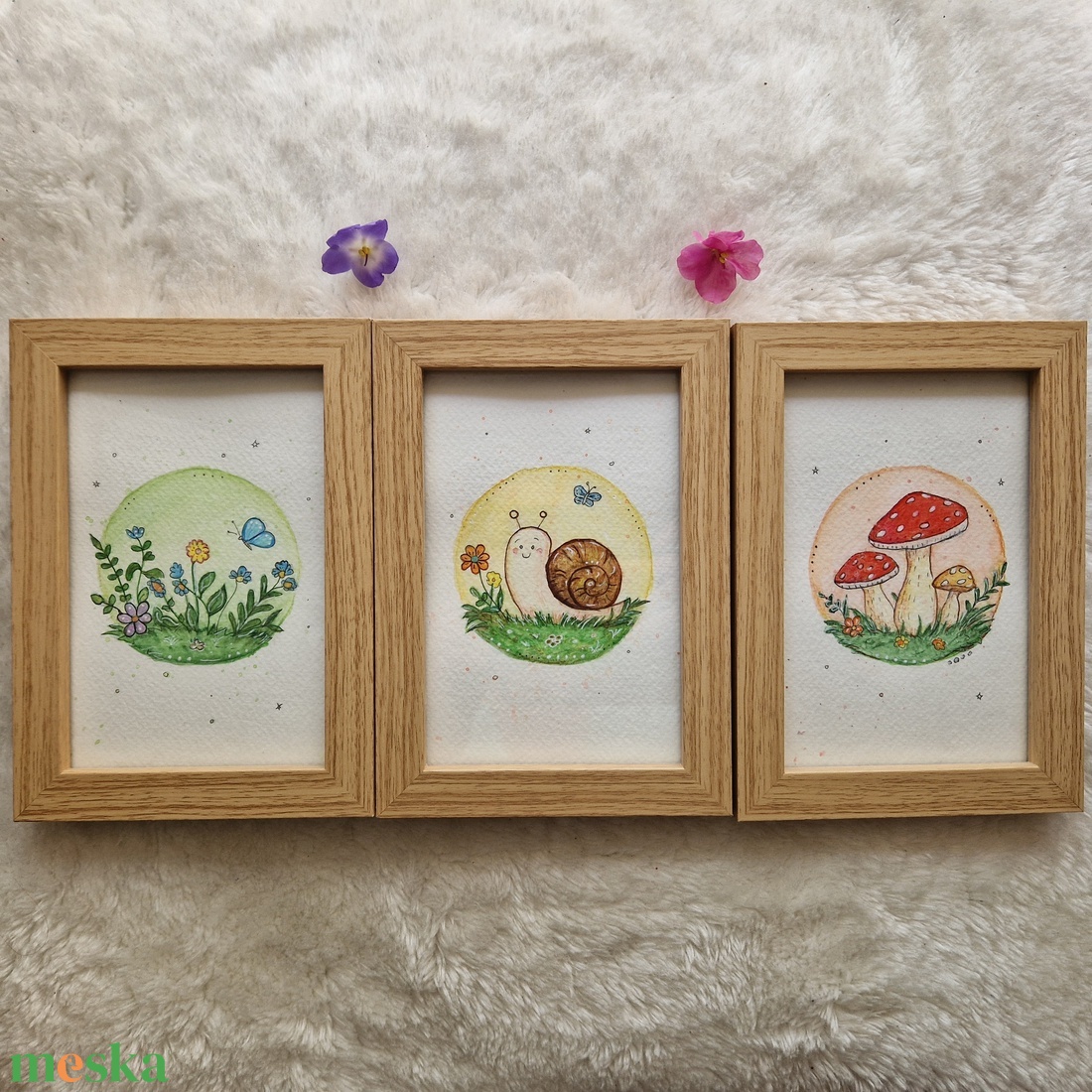 Tavaszi mesés képszett � csigás, virágos és gombás akvarell képsorozat - otthon & életmód - dekoráció - kép & falikép - több részes kép - Meska.hu