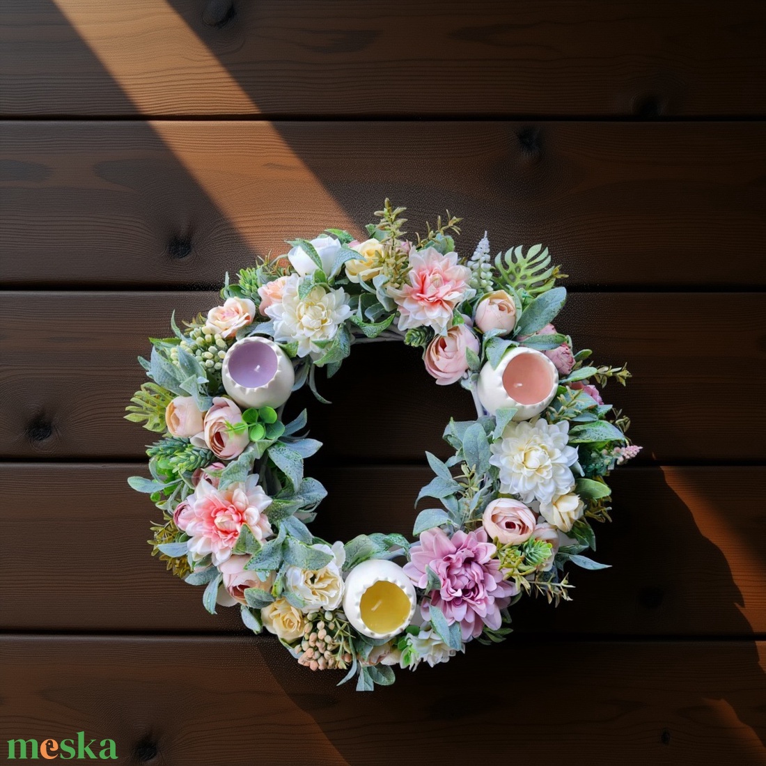 Tavaszi virágos gyertyás asztaldísz - otthon & életmód - dekoráció - asztal és polc dekoráció - asztaldísz - Meska.hu