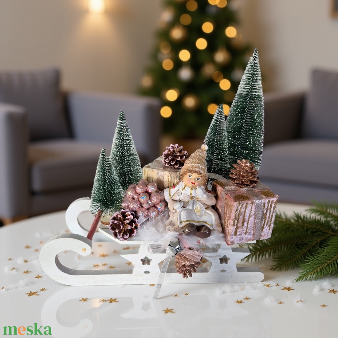 Szánkós téli dekoráció - púder rózsaszín  - karácsony - karácsonyi lakásdekoráció - karácsonyi lakásdíszek - Meska.hu