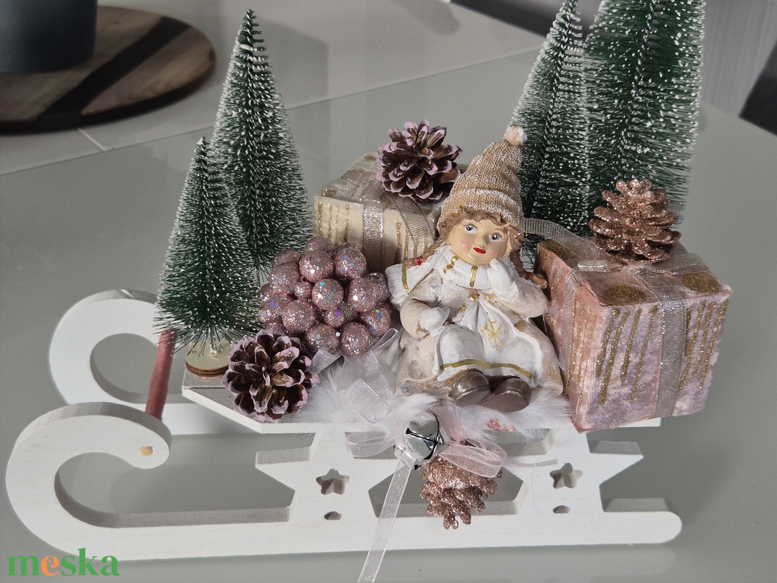 Szánkós téli dekoráció - púder rózsaszín  - karácsony - karácsonyi lakásdekoráció - karácsonyi lakásdíszek - Meska.hu