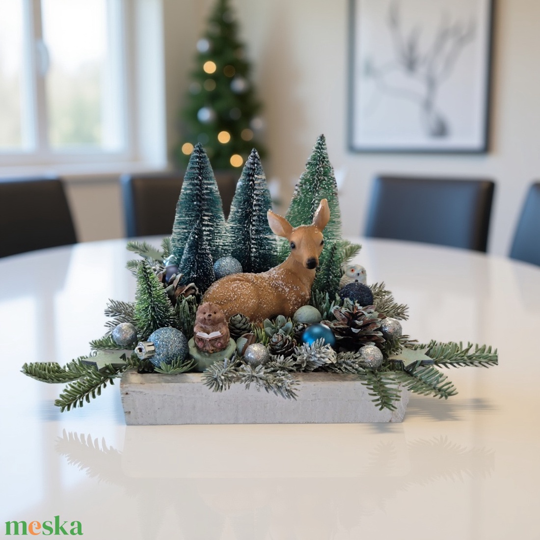 Őzike és erdei barátai  természetes hatású téli kézműves asztaldísz - karácsony - adventi díszek - adventi asztaldísz - Meska.hu