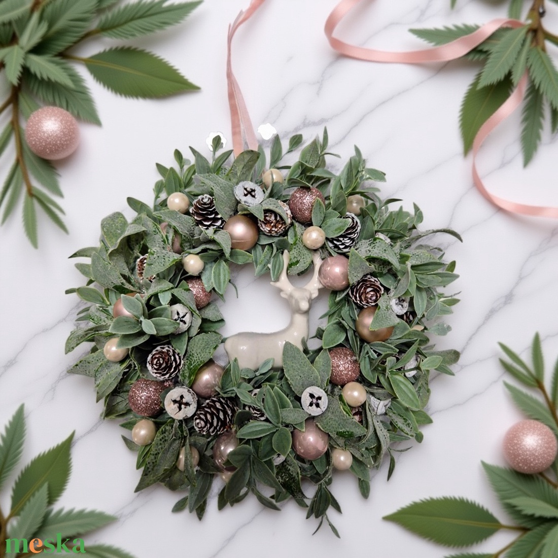 Szarvasos ajtódísz � elegáns rózsaszín téli kopogtató, 30 cm - karácsony - adventi díszek - adventi ajtódísz - Meska.hu