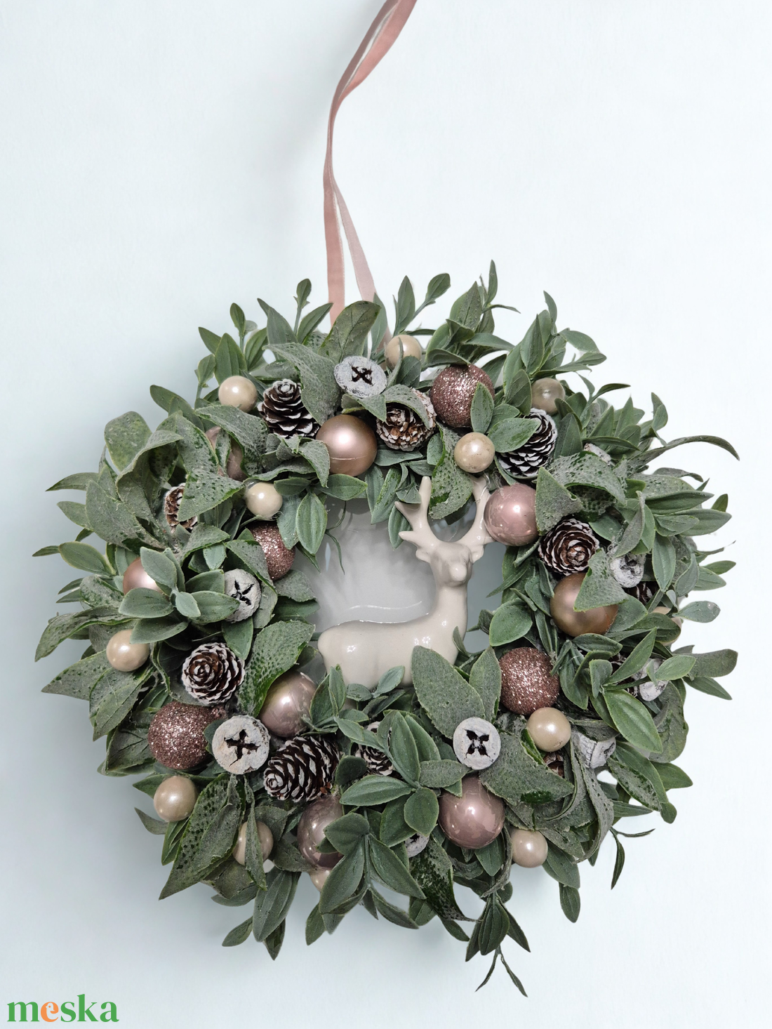 Szarvasos ajtódísz � elegáns rózsaszín téli kopogtató, 30 cm - karácsony - adventi díszek - adventi ajtódísz - Meska.hu