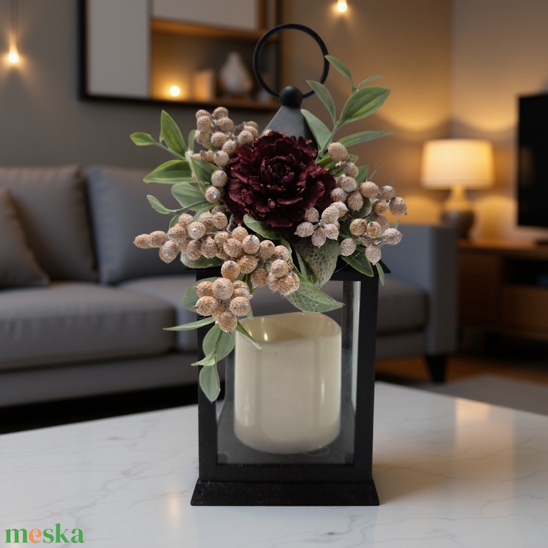 Elegáns téli led lámpás bordó virággal  meghitt fények az otthonodba - karácsony - karácsonyi lakásdekoráció - karácsonyi fénydekoráció - Meska.hu