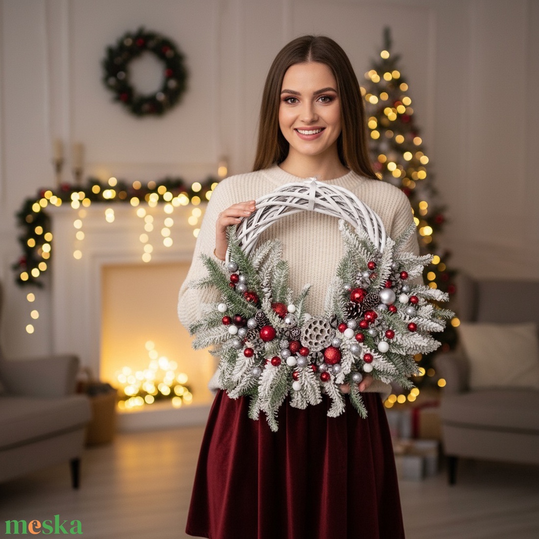 Bohókás, havas téli koszorú  fehér, piros és ezüst harmónia - karácsony - adventi díszek - adventi ajtódísz - Meska.hu