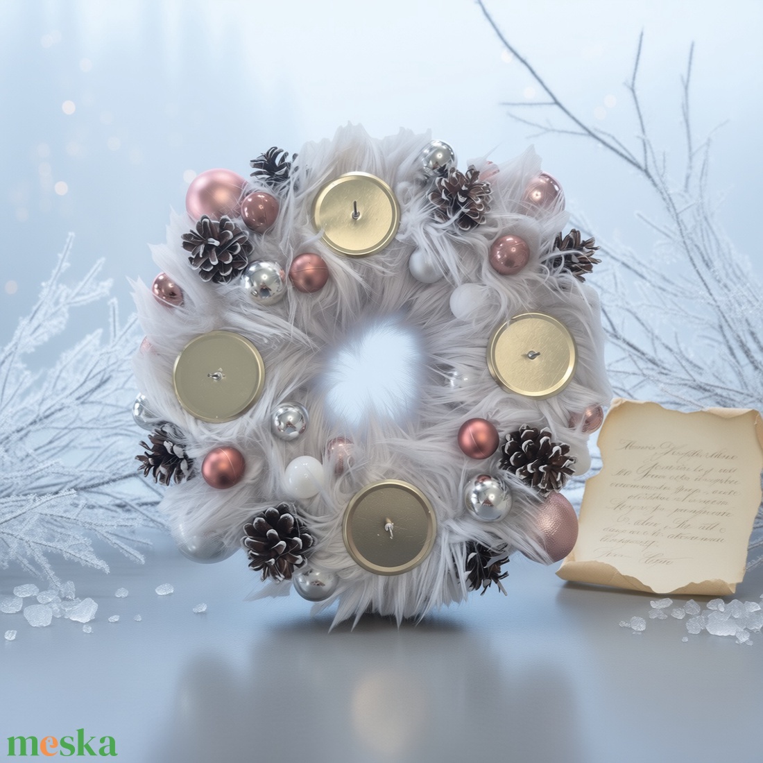 Modern Adventi Asztaldísz  műszőrmével, rose gold és ezüst gömbökkel - karácsony - adventi díszek - adventi koszorú - Meska.hu