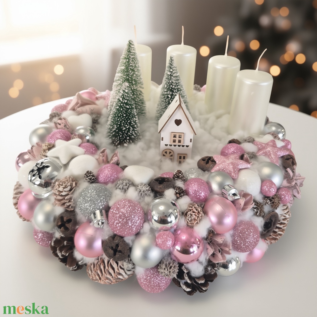 Rózsaszín adventi asztaldísz - karácsony - adventi díszek - adventi koszorú - Meska.hu