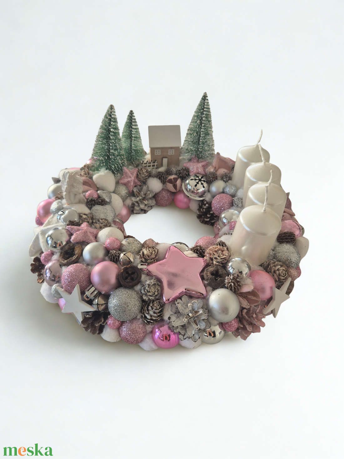 Elegáns rózsaszín-ezüst adventi koszorú � részletgazdag, kézműves szépség - karácsony - adventi díszek - adventi koszorú - Meska.hu