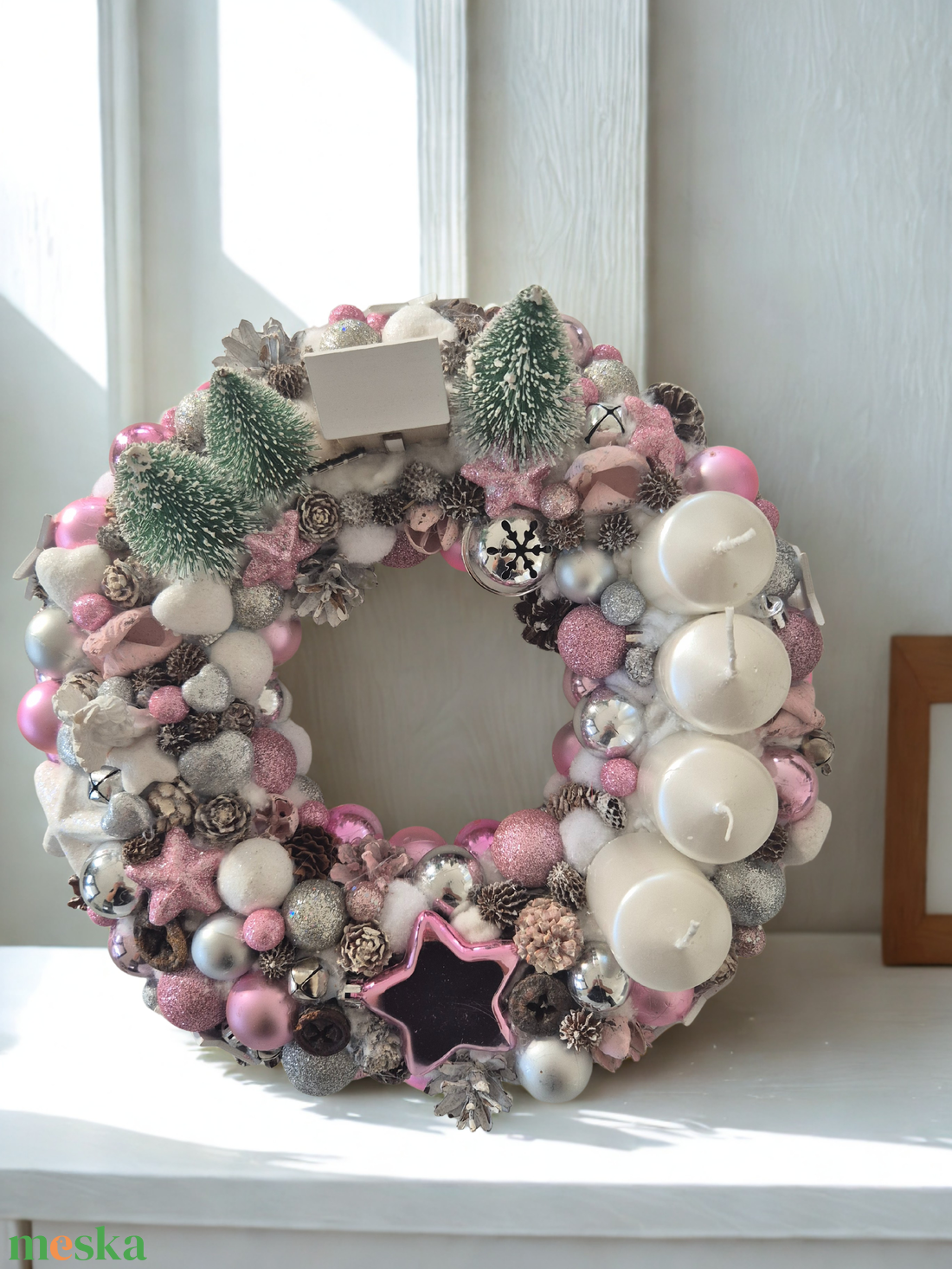 Elegáns rózsaszín-ezüst adventi koszorú � részletgazdag, kézműves szépség - karácsony - adventi díszek - adventi koszorú - Meska.hu