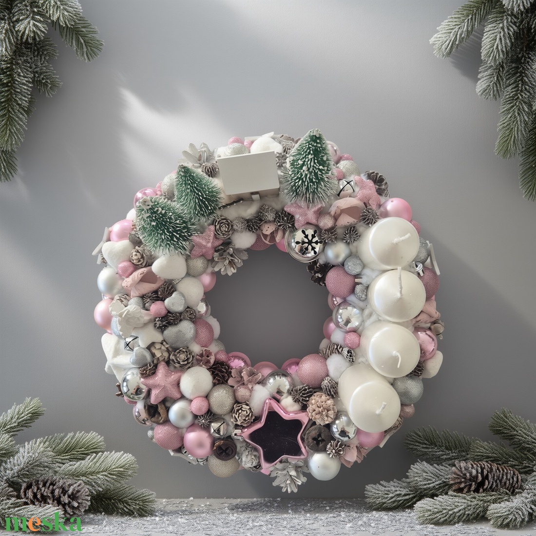 Elegáns rózsaszín-ezüst adventi koszorú � részletgazdag, kézműves szépség - karácsony - adventi díszek - adventi koszorú - Meska.hu