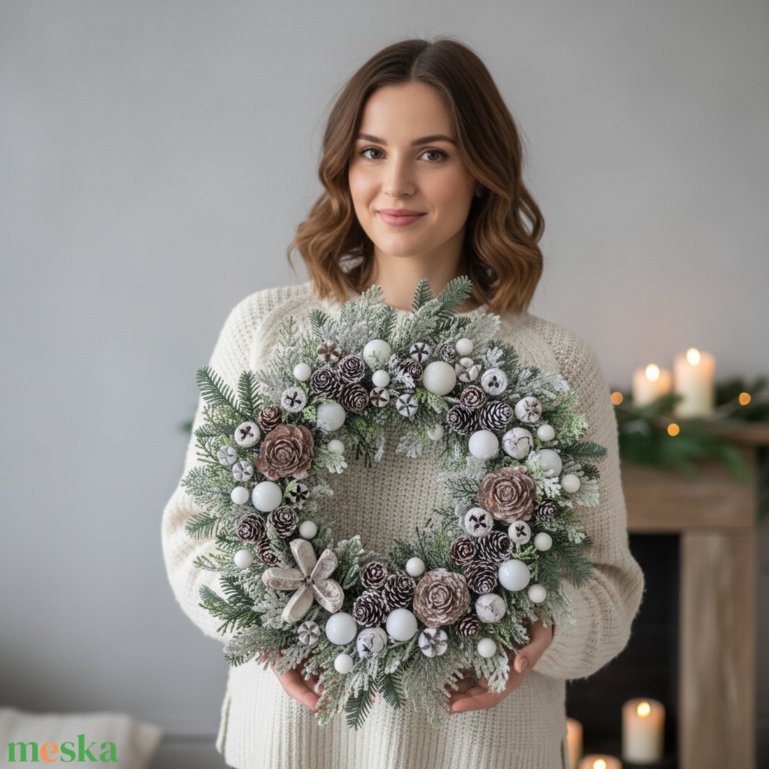 Havas hatású téli ajtódísz - természetes elegancia, havas ragyogás - karácsony - adventi díszek - adventi ajtódísz - Meska.hu