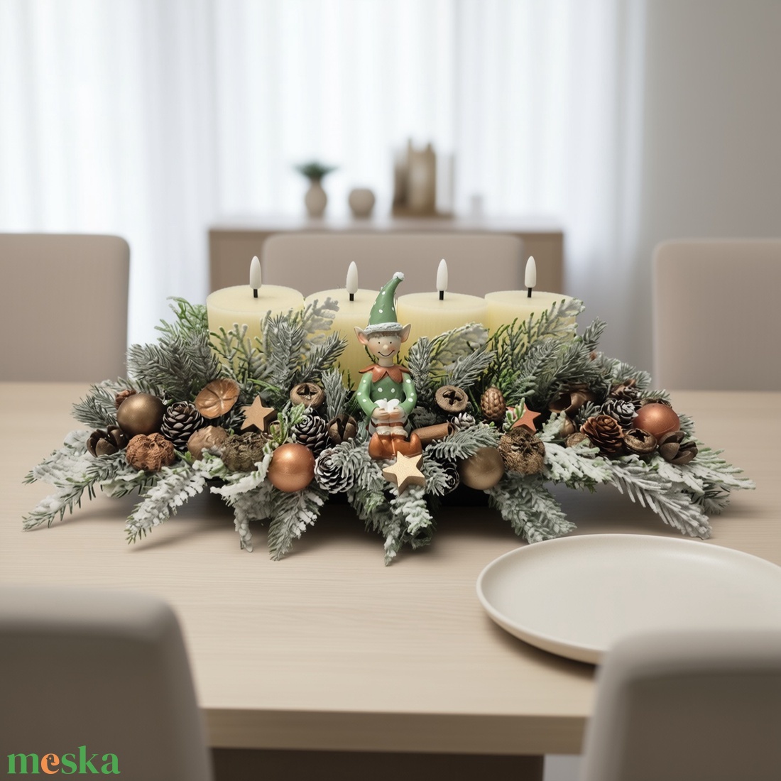 Kendekor nagyméretű adventi LED gyertyás asztaldísz  kézzel festett termésekkel, havas zöldekkel - karácsony - adventi díszek - adventi asztaldísz - Meska.hu