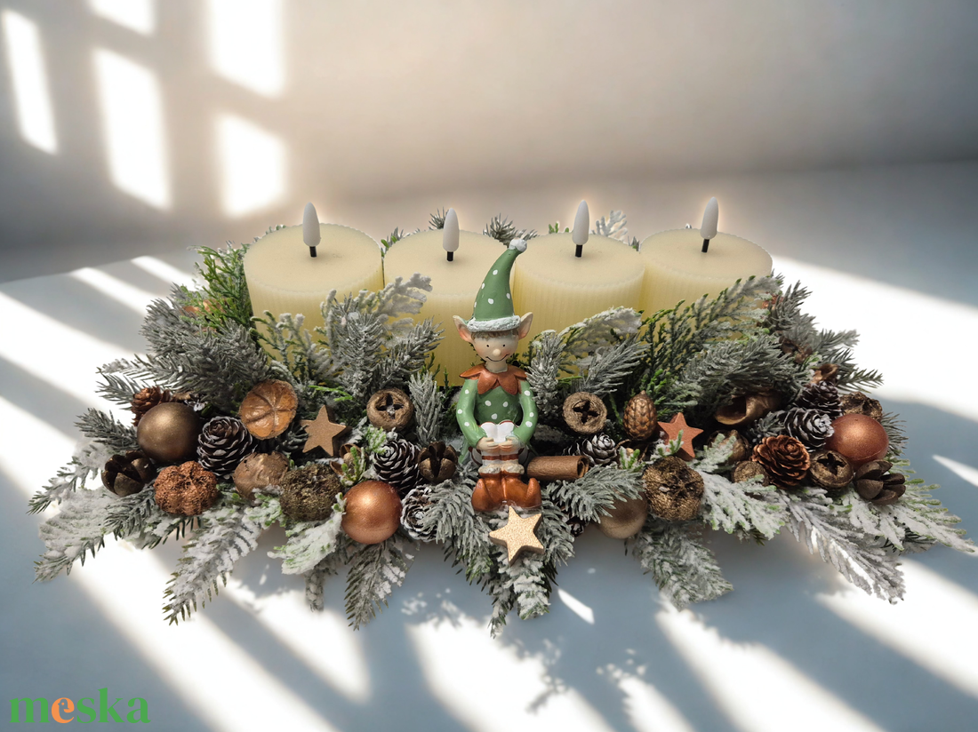 Kendekor nagyméretű adventi LED gyertyás asztaldísz  kézzel festett termésekkel, havas zöldekkel - karácsony - adventi díszek - adventi asztaldísz - Meska.hu