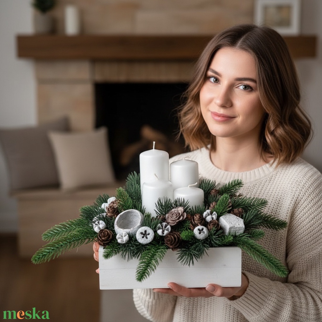 KENDEKOR természetes hatású karácsonyi asztaldísz  Fehér elegancia - karácsony - adventi díszek - adventi asztaldísz - Meska.hu